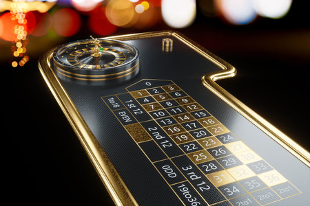 American roulette table and stacks in a casino. Creative casino template, background design, addiction, header for website. 3D illustration, 3D renderingの写真素材