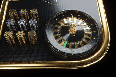 American roulette table and stacks in a casino. Creative casino template, background design, addiction, header for website. 3D illustration, 3D renderingの写真素材