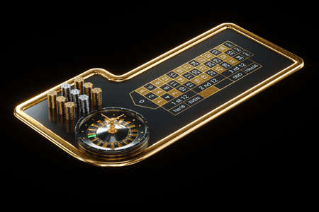 American roulette table and stacks in a casino. Creative casino template, background design, addiction, header for website. 3D illustration, 3D renderingの写真素材