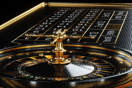 American roulette table and stacks in a casino. Creative casino template, background design, addiction, header for website. 3D illustration, 3D renderingの写真素材