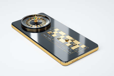 American roulette wheel on smartphone screen, online casino. The concept of gaming applications, internet games, online entertainment. 3D illustration, 3D rendering. copy spaceの写真素材