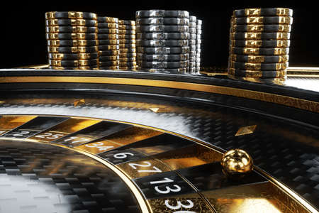 American roulette table and stacks in a casino. Creative casino template, background design, addiction, header for website. 3D illustration, 3D renderingの写真素材