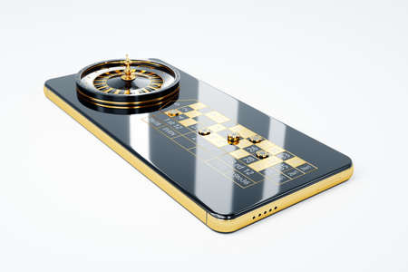 American roulette wheel on smartphone screen, online casino. The concept of gaming applications, internet games, online entertainment. 3D illustration, 3D rendering. copy spaceの写真素材