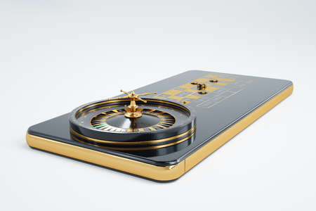 American roulette wheel on smartphone screen, online casino. The concept of gaming applications, internet games, online entertainment. 3D illustration, 3D rendering. copy spaceの写真素材