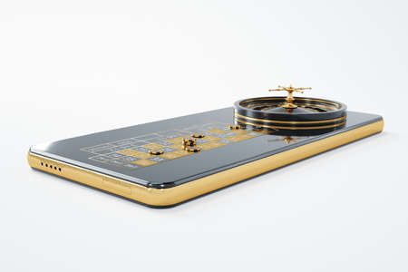 American roulette wheel on smartphone screen, online casino. The concept of gaming applications, internet games, online entertainment. 3D illustration, 3D rendering. copy spaceの写真素材