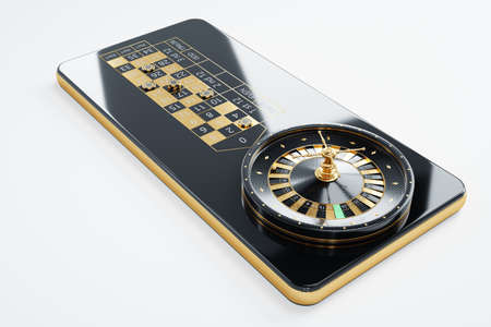 American roulette wheel on smartphone screen, online casino. The concept of gaming applications, internet games, online entertainment. 3D illustration, 3D rendering. copy spaceの写真素材