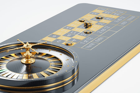American roulette wheel on smartphone screen, online casino. The concept of gaming applications,...
