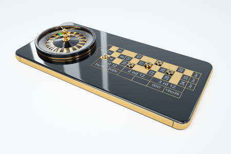 American roulette wheel on smartphone screen, online casino. The concept of gaming applications, internet games, online entertainment. 3D illustration, 3D rendering. copy spaceの写真素材