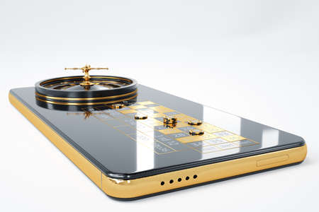 American roulette wheel on smartphone screen, online casino. The concept of gaming applications, internet games, online entertainment. 3D illustration, 3D rendering. copy spaceの写真素材