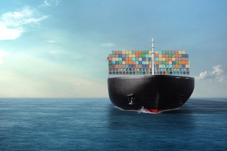 International cargo transportation in containers by sea. Sea huge ship with containers in the sea. mixed media. The concept of transport, logistics, delivery, business, globalizationの写真素材