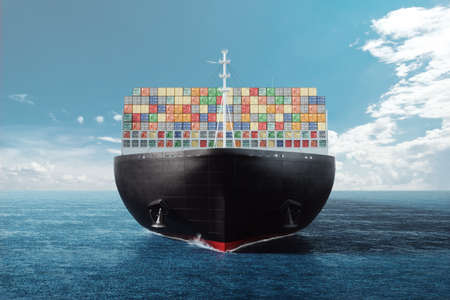 International cargo transportation in containers by sea. Sea huge ship with containers in the sea. mixed media. The concept of transport, logistics, delivery, business, globalizationの写真素材