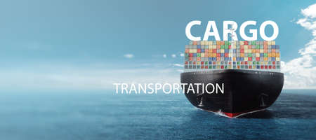 The inscription cargo on the background of a ship with containers in the sea. Freight transport in containers by sea. mixed media. Transport, logistics, delivery, business, globalizationの写真素材