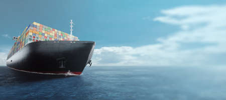International cargo transportation in containers by sea. Sea huge ship with containers in the sea. mixed media. The concept of transport, logistics, delivery, business, globalizationの写真素材