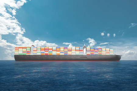 International cargo transportation in containers by sea. Sea huge ship with containers in the sea. mixed media. The concept of transport, logistics, delivery, business, globalizationの写真素材