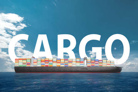 The inscription cargo on the background of a ship with containers in the sea. Freight transport in containers by sea. mixed media. Transport, logistics, delivery, business, globalizationの写真素材