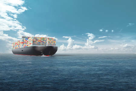 International cargo transportation in containers by sea. Sea huge ship with containers in the sea. mixed media. The concept of transport, logistics, delivery, business, globalizationの写真素材