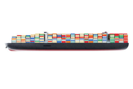Huge ship with containers isolate on white background. international cargo transportation. Transport, logistics, delivery, business, globalization. 3D illustration, 3D render, realistic styleの写真素材