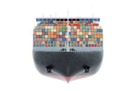 Huge ship with containers isolate on white background. international cargo transportation. Transport, logistics, delivery, business, globalization. 3D illustration, 3D render, realistic styleの写真素材