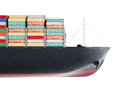 Huge ship with containers isolate on white background. international cargo transportation. Transport, logistics, delivery, business, globalization. 3D illustration, 3D render, realistic styleの写真素材