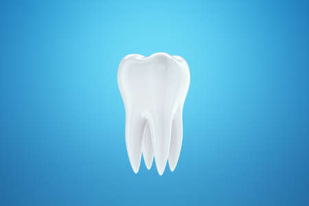 Healthy white tooth, white enamel on a blue background. The concept of dentistry, teeth whitening, protection, oral care, hygiene, healthcare. 3D illustration, 3D renderingの写真素材