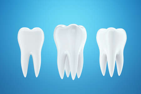 Healthy white tooth, white enamel on a blue background. The concept of dentistry, teeth whitening, protection, oral care, hygiene, healthcare. 3D illustration, 3D renderingの写真素材