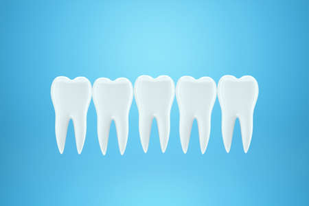 White teeth, white enamel on a blue background. The concept of dentistry, teeth whitening, protection, oral care, hygiene, healthcare. 3D illustration, 3D renderingの写真素材
