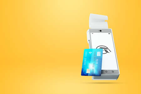 Credit card and electronic terminal. Payment by card, contactless payment system, purchases, electronic money. 3D illustration, 3D renderingの写真素材