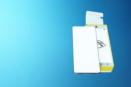 Smartphone with white screen and nfc electronic payment terminal. Payment with nfc, contactless payment system, shopping, electronic money. 3D illustration, 3D renderingの写真素材