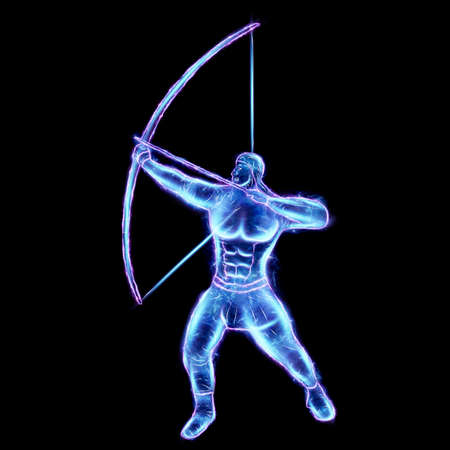 Muscular man with bow blue hologram, zodiac sign Sagittarius on a black background. The concept of horoscope, destiny, constellations, astrology, isoterics. 3D illustration, 3D renderingの写真素材