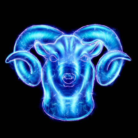 Aries zodiac sign blue hologram isolate on dark background. The concept of horoscope, destiny, constellations, astrology, isoterics. 3D illustration, 3D renderingの写真素材
