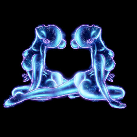 Two sexy girls, blue hologram, Gemini zodiac sign on the background of zodiac signs. The concept of horoscope, destiny, constellations, astrology, isoterics. 3D illustration, 3D renderingの写真素材