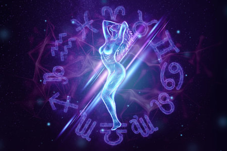 Sexy girl, zodiac sign Virgo on the background of all the signs of the zodiac and the starry sky....