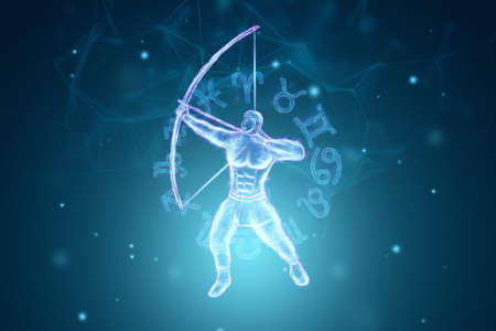 Muscular man with bow blue hologram, zodiac sign Sagittarius on the background of zodiac signs. The concept of horoscope, destiny, constellations, astrology, isoterics. 3D illustration, 3D renderingの写真素材