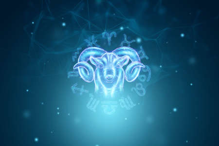 Aries zodiac sign blue hologram on the background of the zodiac signs and the starry sky. The concept of horoscope, destiny, constellations, astrology, isoterics. 3D illustration, 3D renderingの写真素材