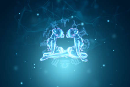 Two sexy girls, blue hologram, Gemini zodiac sign on the background of zodiac signs. The concept of horoscope, destiny, constellations, astrology, isoterics. 3D illustration, 3D renderingの写真素材