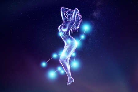 Sexy girl, zodiac sign Virgo, blue hologram on a black background. The concept of horoscope, stars, destiny, constellations, astrology, isoterics. 3D illustration, 3D renderingの写真素材