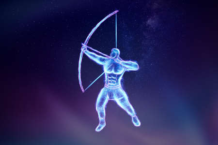 Muscular man with bow blue hologram, zodiac sign Sagittarius on a black background. The concept of horoscope, destiny, constellations, astrology, isoterics. 3D illustration, 3D renderingの写真素材