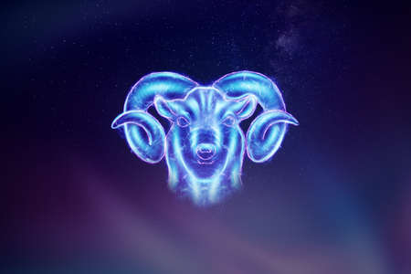 Aries zodiac sign blue hologram isolate on dark background. The concept of horoscope, destiny, constellations, astrology, isoterics. 3D illustration, 3D renderingの写真素材