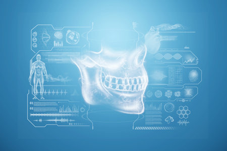 Medical poster, human skull anatomy, jaw x-ray, teeth snapshot. Copy space, 3D illustration, 3D...