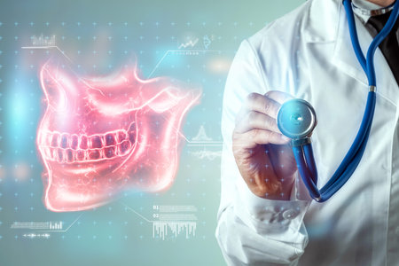 Medical poster, human skull anatomy, jaw x-ray, teeth snapshot. The doctor looks at the x-ray...