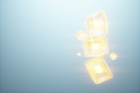 Creative neon blockchain concept background. Cryptography, learnability of artificial intelligence, neural networks. Holographic blocks are assembled into an array. 3D illustration, 3D renderingの写真素材