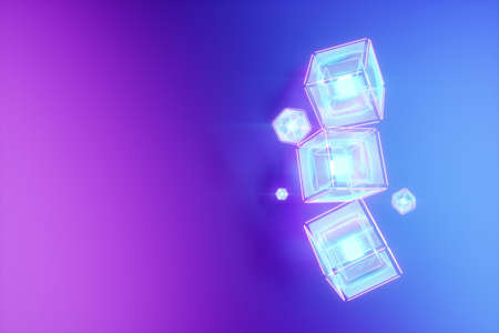 Creative neon blockchain concept background. Cryptography, learnability of artificial intelligence, neural networks. Holographic blocks are assembled into an array. 3D illustration, 3D renderingの写真素材