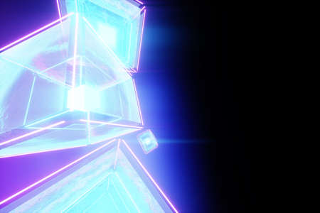 Creative neon blockchain concept background. Cryptography, learnability of artificial intelligence, neural networks. Holographic blocks are assembled into an array. 3D illustration, 3D renderingの写真素材