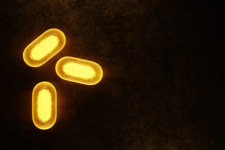 Yellow pills, glowing capsules on a dark background. Fish oil capsules, vitamins, amega, d3. 3D...