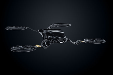 Flying car black and gold style on a dark background. Future, premium cars, luxury style, VIP, auto industry. 3D illustration, 3D renderingの写真素材