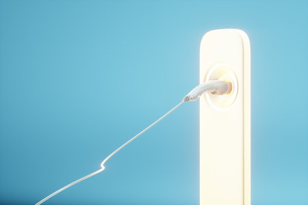 Charging station for an electric car in white on a blue background. Power plant concept, plug-in car, recharging point, charger, future. 3D illustration, 3D renderingの写真素材