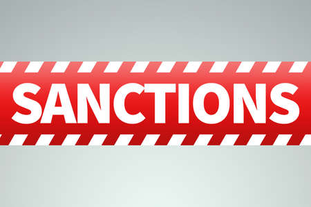 red ribbon with the inscription sanctions on a light background. 3D rendering, 3D illustrationの写真素材