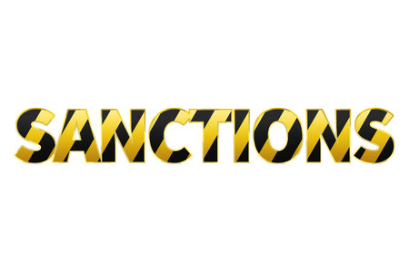 yellow tape with the inscription sanctions on a light background. 3D rendering, 3D illustration