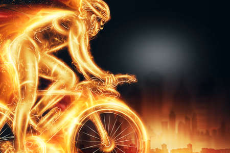 Fast Cyclist with flames side view, rides very fast, neon blue hologram. Cycling race, cycling competition. 3D illustration, 3D render, copy spaceの写真素材