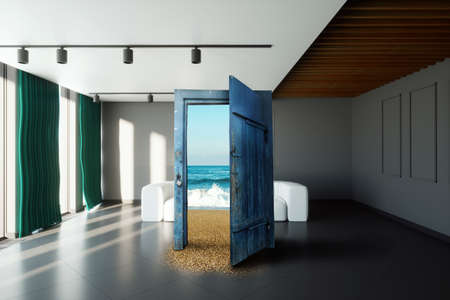 Open the door to a new better world, seascape. Open door from the office to the sea. New path, entry into a new world, vacation, travel, rebootの写真素材